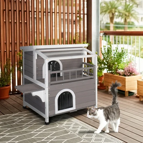 Wooden Cat house 2-Story Indoor Outdoor Luxurious Cat Shelter House with Transparent Canopy,Double escape door, Grey&White