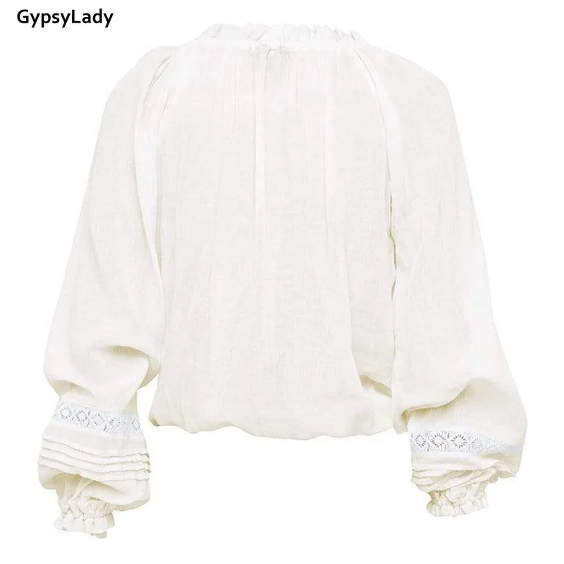 GypsyLady White Lace Vintage Blouse Shirt 100% Cotton Spring Long Lantern Sleeve V-neck Sheer Sexy Blouse Women Chic Top Shirt