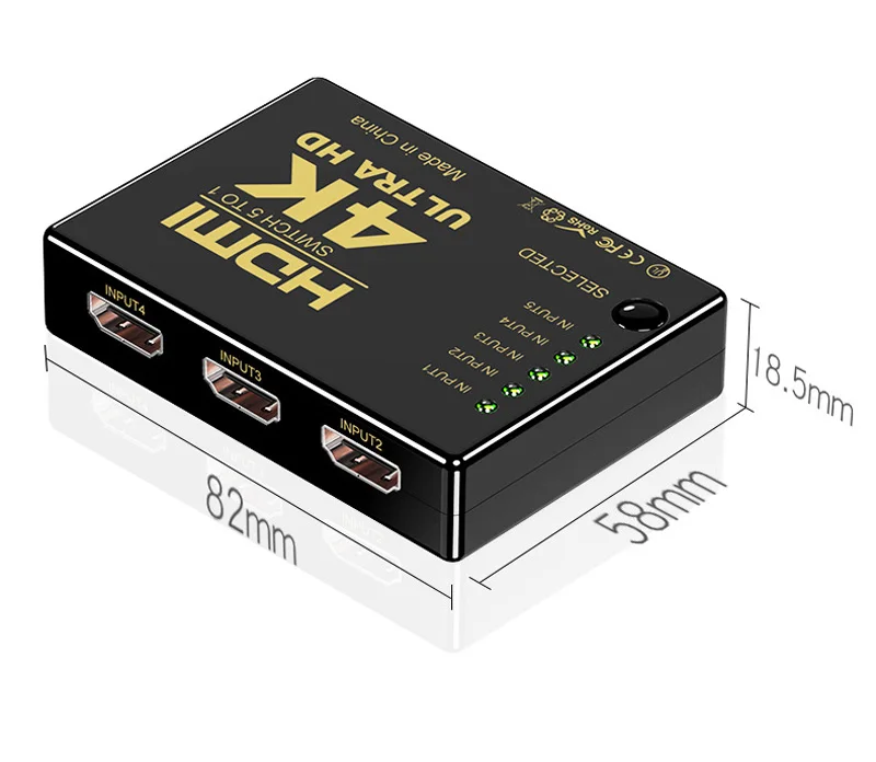 HDMI Switch Video Switcher Splitter, 5 Entrada para 1 Saída, 3D HD, 1.4b, 4K, 1080P, Controle Remoto IR Sem Fio, Cabo de Alimentação USB para PC