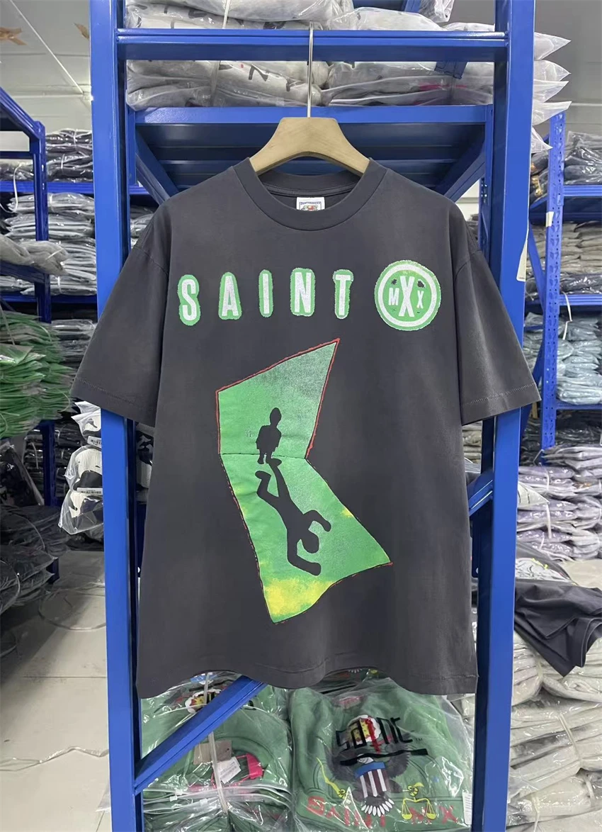 

High Quality Vintage SAINT Washed Creative Letter Pattern Printed Pure Cotton Short Sleeved Street Versatile Oversize T-shirt
