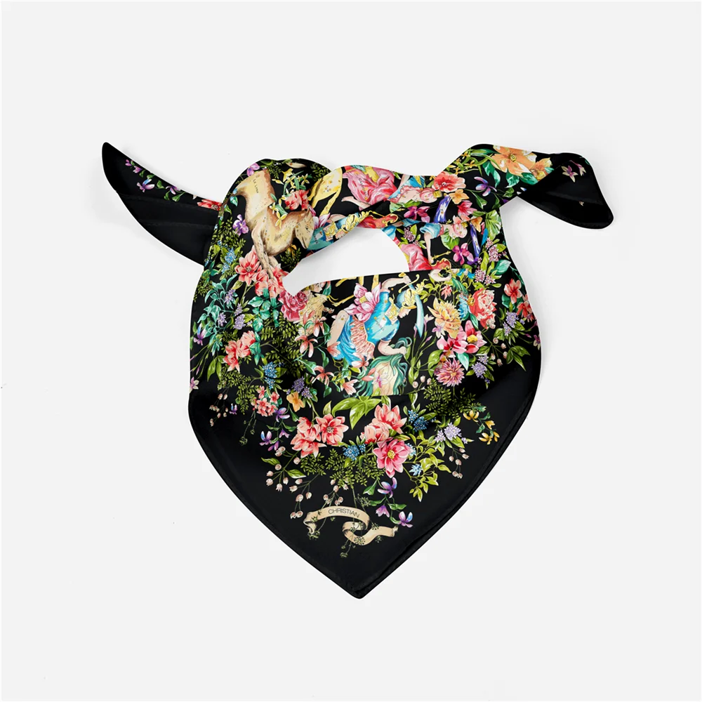 Twill Silk Scarf Woman Animals Flowers Printing Square Scarves Wraps Bandana Small Hijab Foulards Tie Headband Neckerchief 53CM