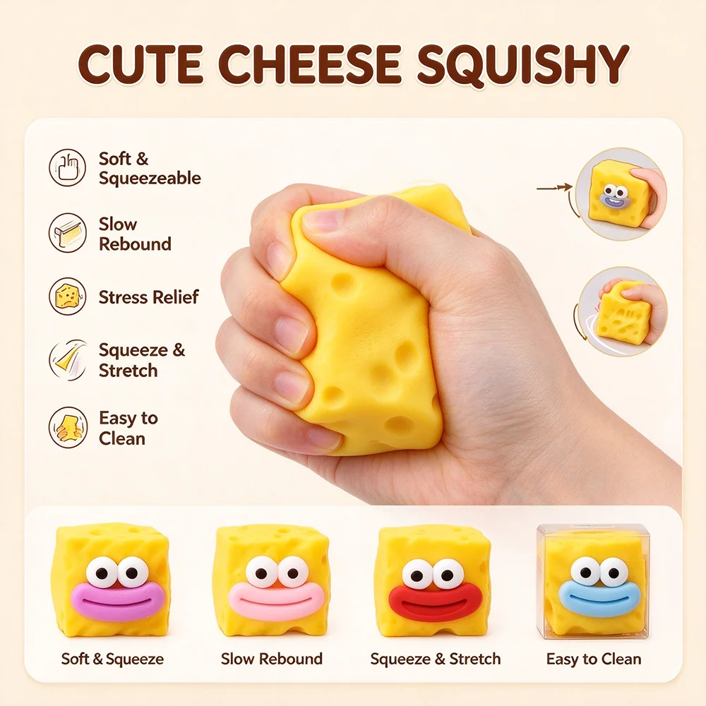 Cute Cheese Block Squishy Toy Slow Rising Novelty Fidget Stress Relief Artifact Funny Expression Cheese Pinch Toy Perfect Christmas Birthday Halloween Party Gift Good Choice For Kids Students Friends Holiday Present
