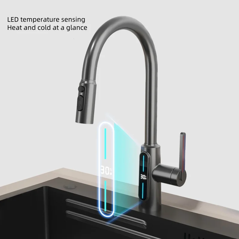 Waterfall Temperature Digital Display Basin Faucet Lift Up Down Stream Sprayer Hot Cold Water Sink Mixer Wash Tap For Kitchen