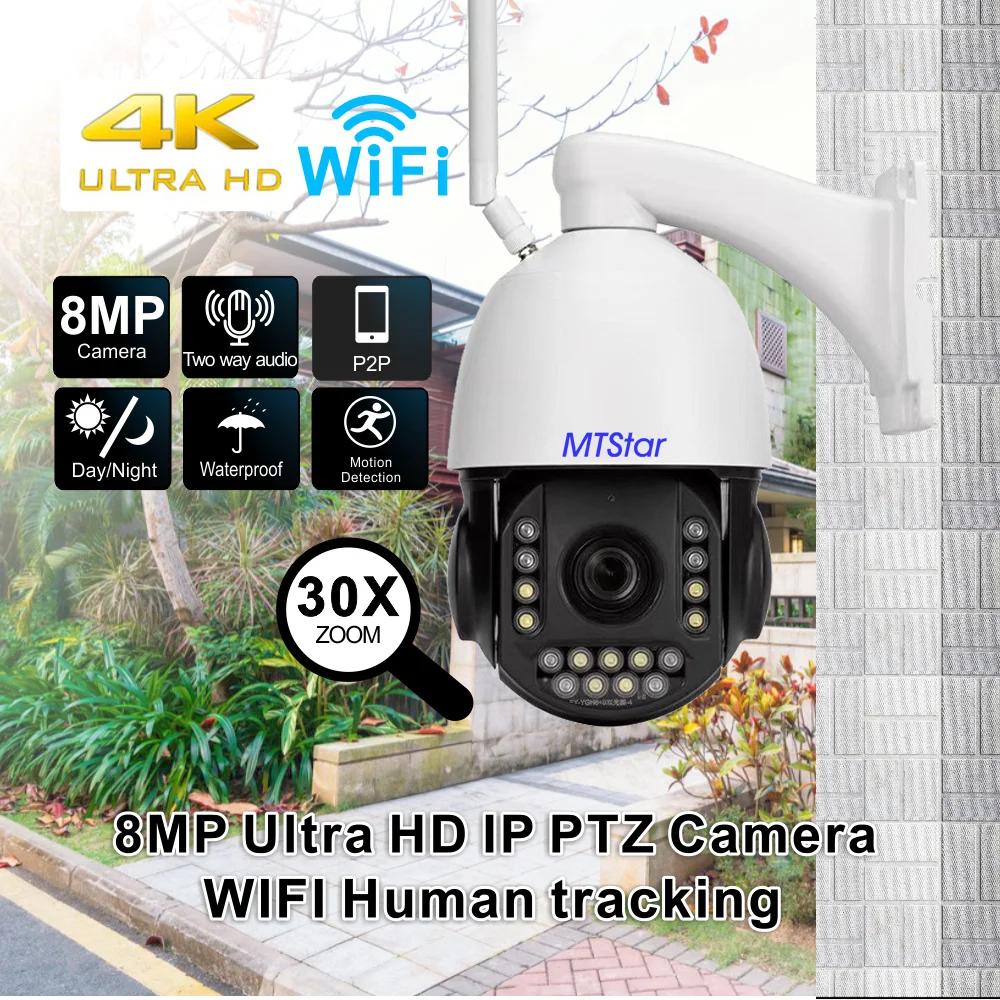 MTStar 4K 8MP Uitra HD IP PTZ  WIFI Human tracking 360° 30x Zoom  IR 150M Color Night Vision Security Camera