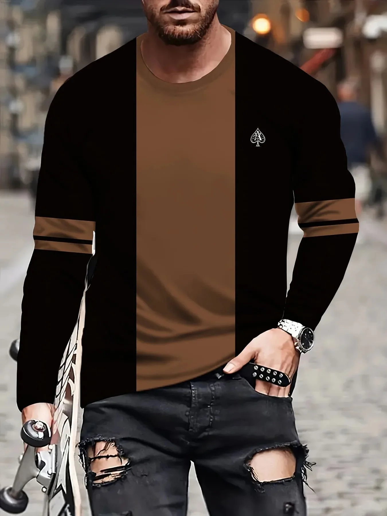 تي شيرت رجالي جديد بأكمام طويلة لربيع وخريف 2025 كاجوال عصري ومريح مع طباعة نمط ثلاثي الأبعاد #1