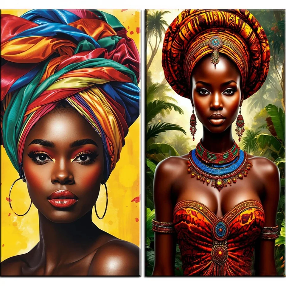 

Алмазная мозаика DIY: Яркий портрет женщины в тюрбане, полный квадратный/круглый алмазный пазл, крупноформатное искусство, черная африканская женщина, декор для дома