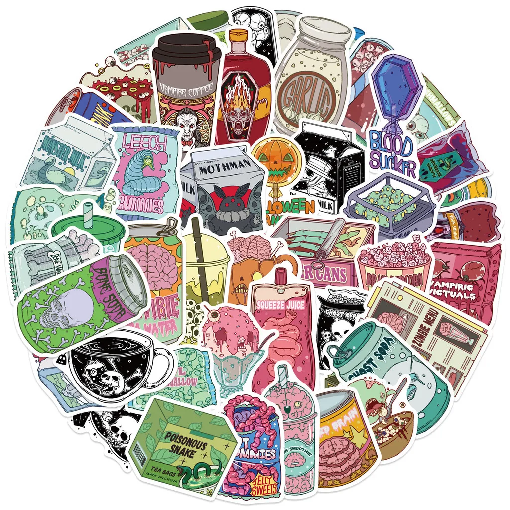 50 Pieces Cartoon Halloween Spooky Food Graffiti Stickers - DIY Waterproof Decorative Decals for Guitars, Notebooks & Luggage