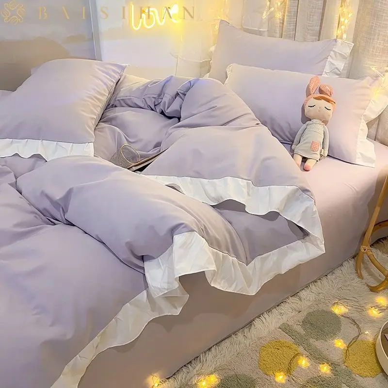 

Korean Girl's Princess Style Bedding Romantic Ruffles Quilt Cover Fitted Sheet Solid Color Bed Linen Pillow Shams