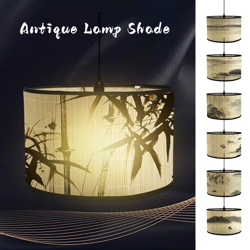 Retro Style Bamboo Lampshade Landscape Painting Abstract Light Cover Room Chandelier Hotel Homestay Decor Art Light Shade Crafts