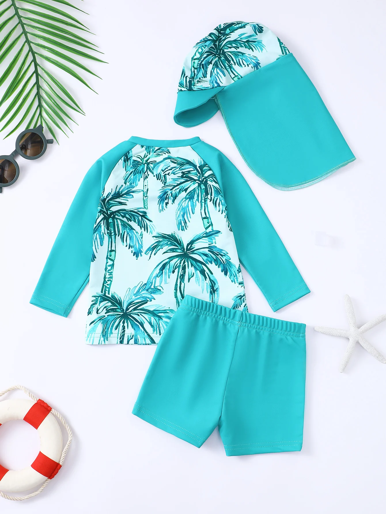 Baby Boy Long Sleeve Swimsuit Set with Shorts And Hat Infant Aquatic Outfit Includes Headwear for Younger Children
