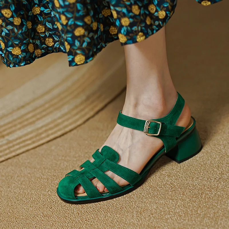 Women’s Sandals Retro Ladies Green Suede Shoes Spring Vintage Gladiator Buckle Strap Close Toe Hollow out Shoes Summer Sandals