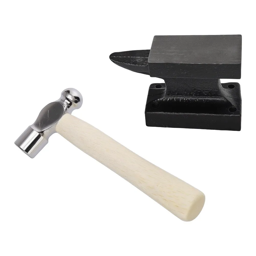 1set Compact Cast Iron For Anvil Wooden Hammer Set Dual-Sided For Anvil Ball Peen Hammer For Jewelry Crafting & DIY