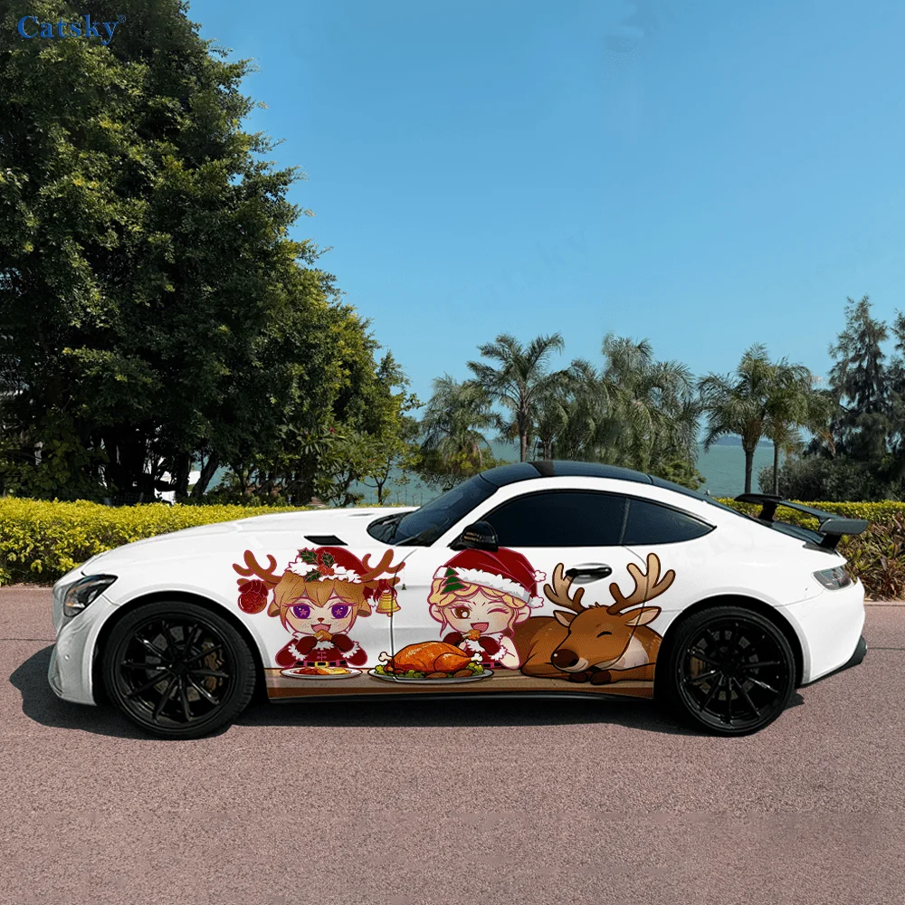 

Christmas Girls Elk Dinner Car Vinyl Wraps Decal Self-adhesive PVC Sticker Suitable for Trucks SUV Decor Auto Accessories Gift