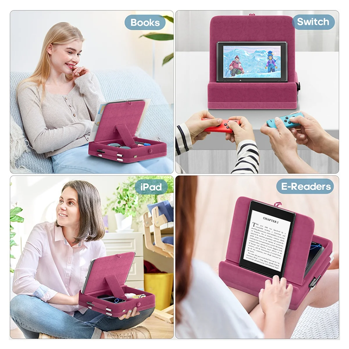 DQ2G Tablet Pillow Stand with Storage Foldable Holder Angle Adjustable Soft Pad Dock for Bed and Laptop and Desk Gray