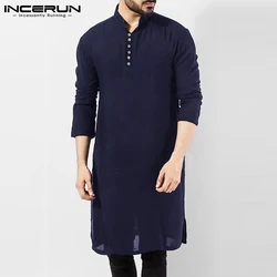 Incerun-メンズカジュアルシャツ,コットン,長袖,スタンドカラー,ヴィンテージ,無地,ロングトップス,インド服,パキスタンシャツS-5XL