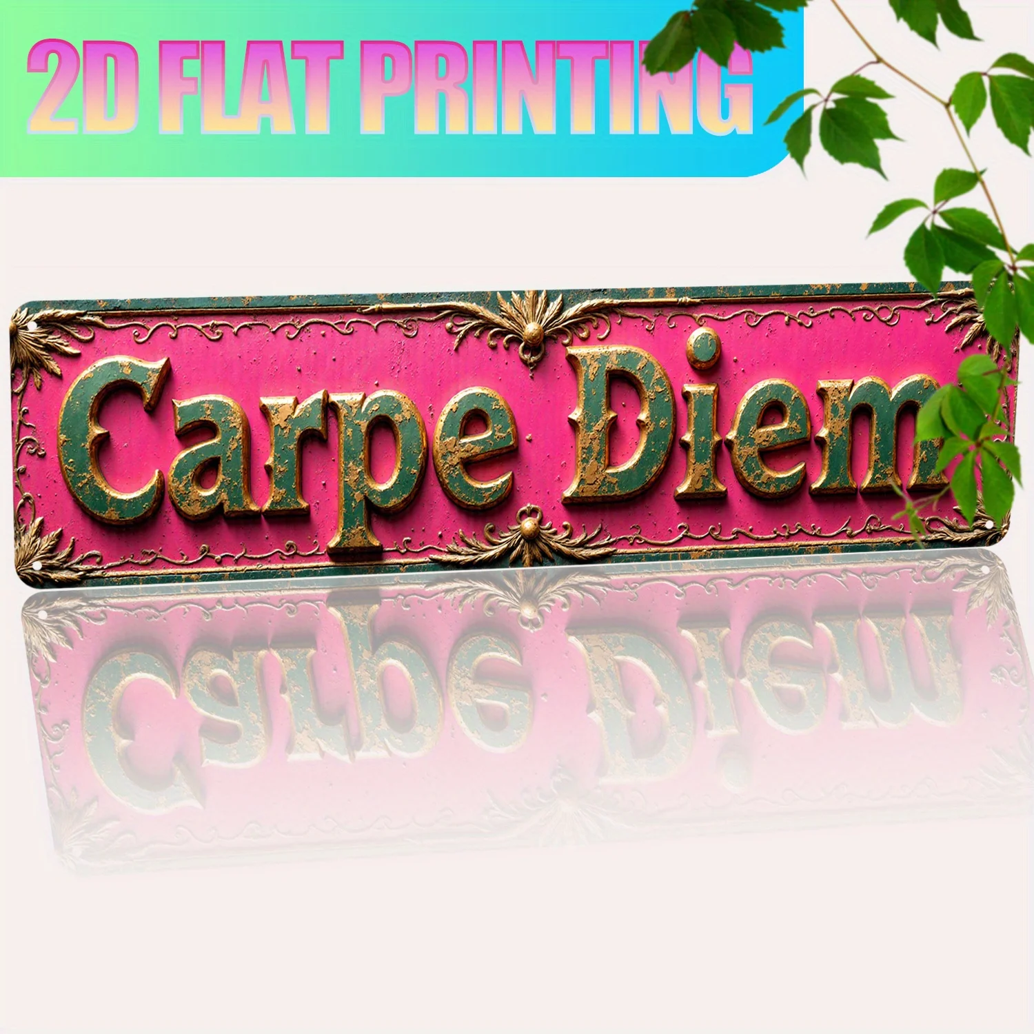 

Металлическая табличка «Carpe Diem» с 2D-печатью, винтажный декор для стен, состаренная розовая табличка в деревенском стиле с зеленым и золотым 3D-тиснением