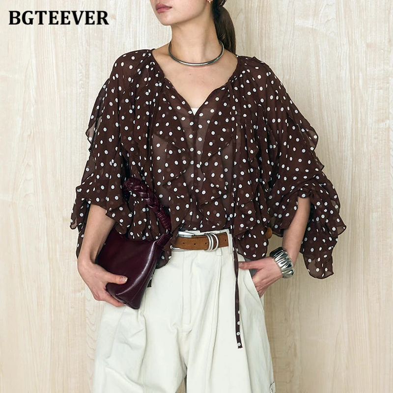 

BGTEEVER Новые шифоновые рубашки в горошек для женщин, весенние блузки с рюшами и длинными рукавами, женские топы