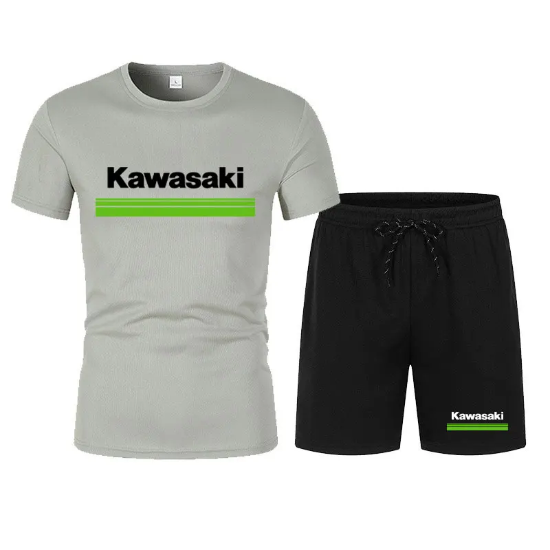 Kawasaki Motorcycle Racing Team Men T-shirt Shorts Set Summer New Fashion Male Tops Bottoms Sets Sport Men\'s Clothes Suits