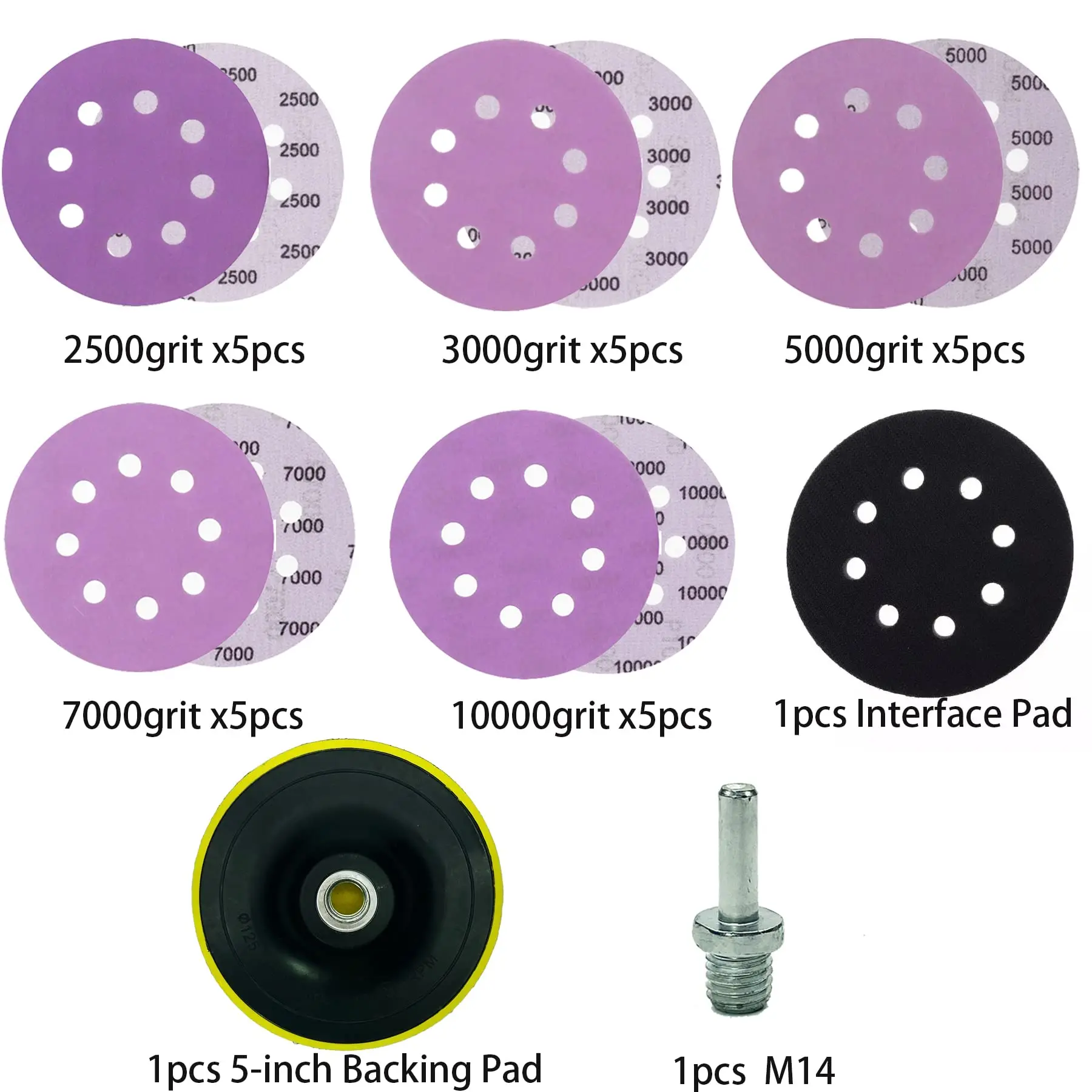 28 Pcs 5 inch 8 Hole Sanding Discs Wet and Dry Sandpaper with M14 Backing Pad and Interface Pad for Wood Stone Lacquer Surface