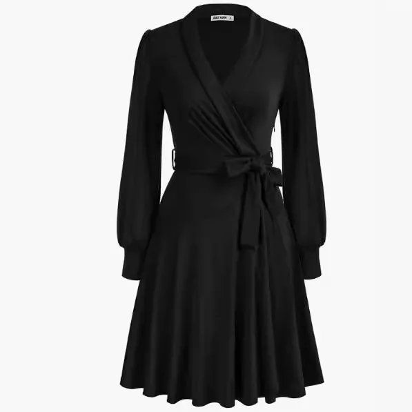 Women's Shawl Collar Faux Wrap Dress Party V-Neck Lantern Long Sleeves
