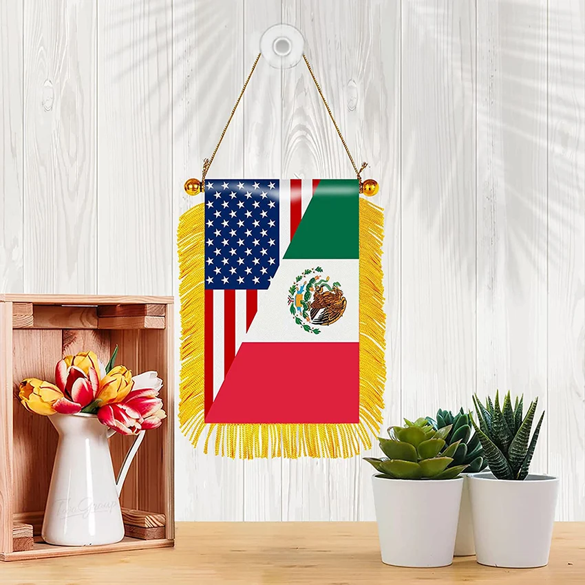 Mexico Window Hanging Flag With Tassels Rearview Mirror Double Sided Fringed Banner Car Adornment Home Decor Hot Selling