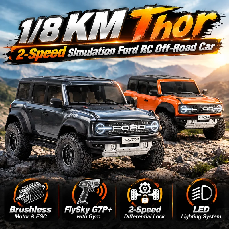 KM Thor 1/8 New 2-Speed Brushless Remote Control Climbing Off-Road Car Differential Lock Simulation Ford Electric Model With LED