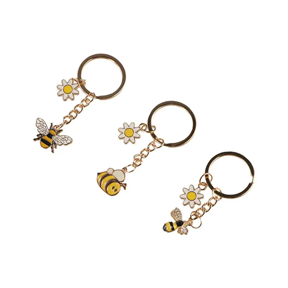 Cute Bee Flower Key Ring Cartoon Mini Garden Key Chains Charms Backpack Decor Metal Enamel Pendant for Women Men