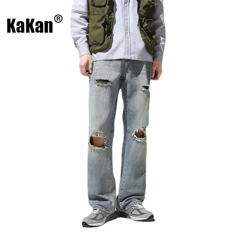 

Kakan - New Hip Hop Vintage Knee Broken Jeans Men's Wear, Straight Loose Wide Leg Long Jeans K24-YDN1086