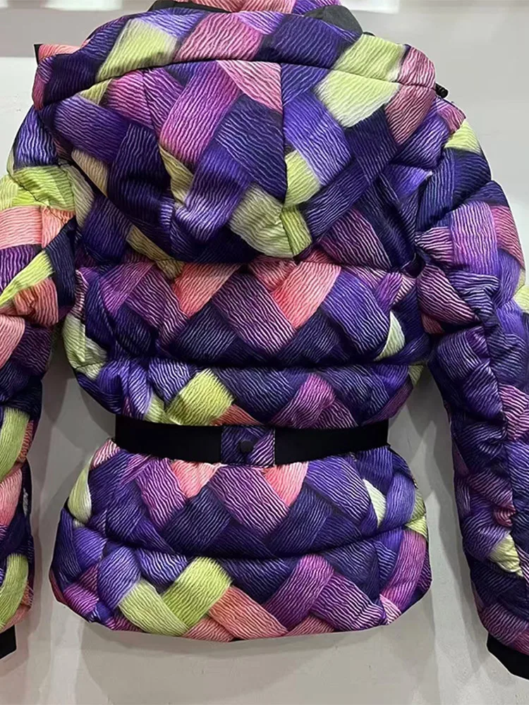 

Casual Geometry Cotton Hoody Coat Women Loose Belt Full Sleeve Stand Collar Zipper Pockets Jackets Lady Fashion Print Warm Coats