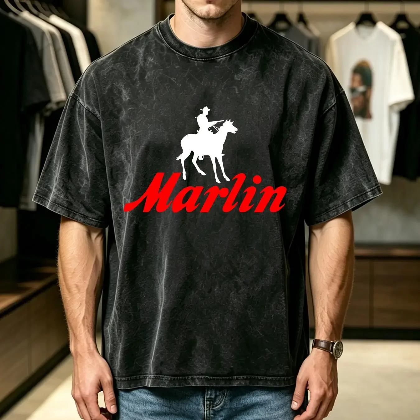 washed T Shirt Marlin Gunmaker Logo Guns Firearms Rifles Men's Navy Blue S 5XL long sleeves vintage Washed fashion