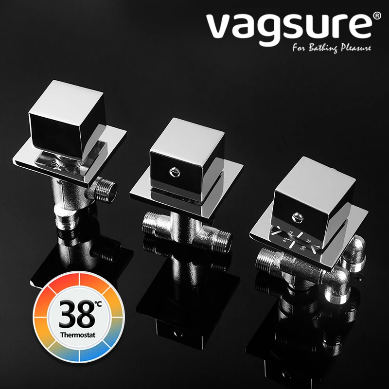 

Square Thermostat Faucet Tap Solid Brass Waterfall 2 or 3 Output Diverter Bath Shower Head Mixer Tap Solid Brass