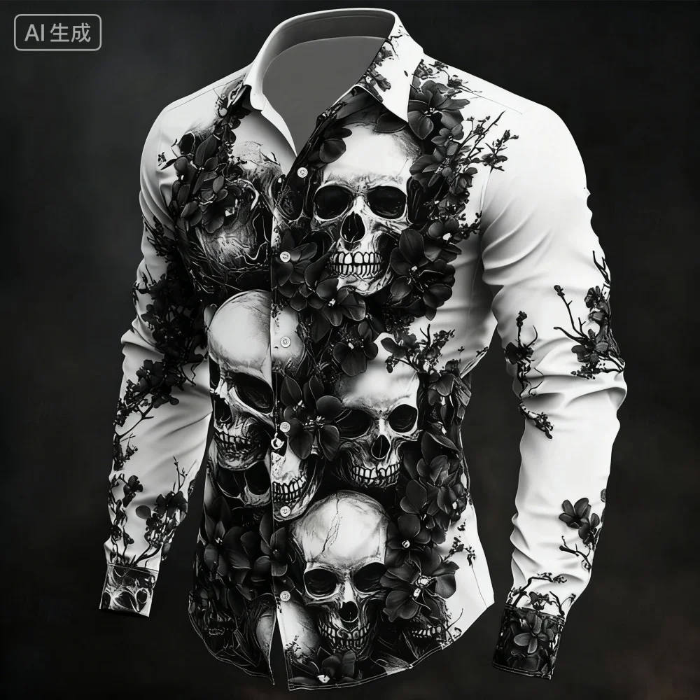 

Men's Long Sleeved Lapel Button up Shirt Casual Vacation Skeleton Print plus Size Top XS-6XL 2026 Hot Selling