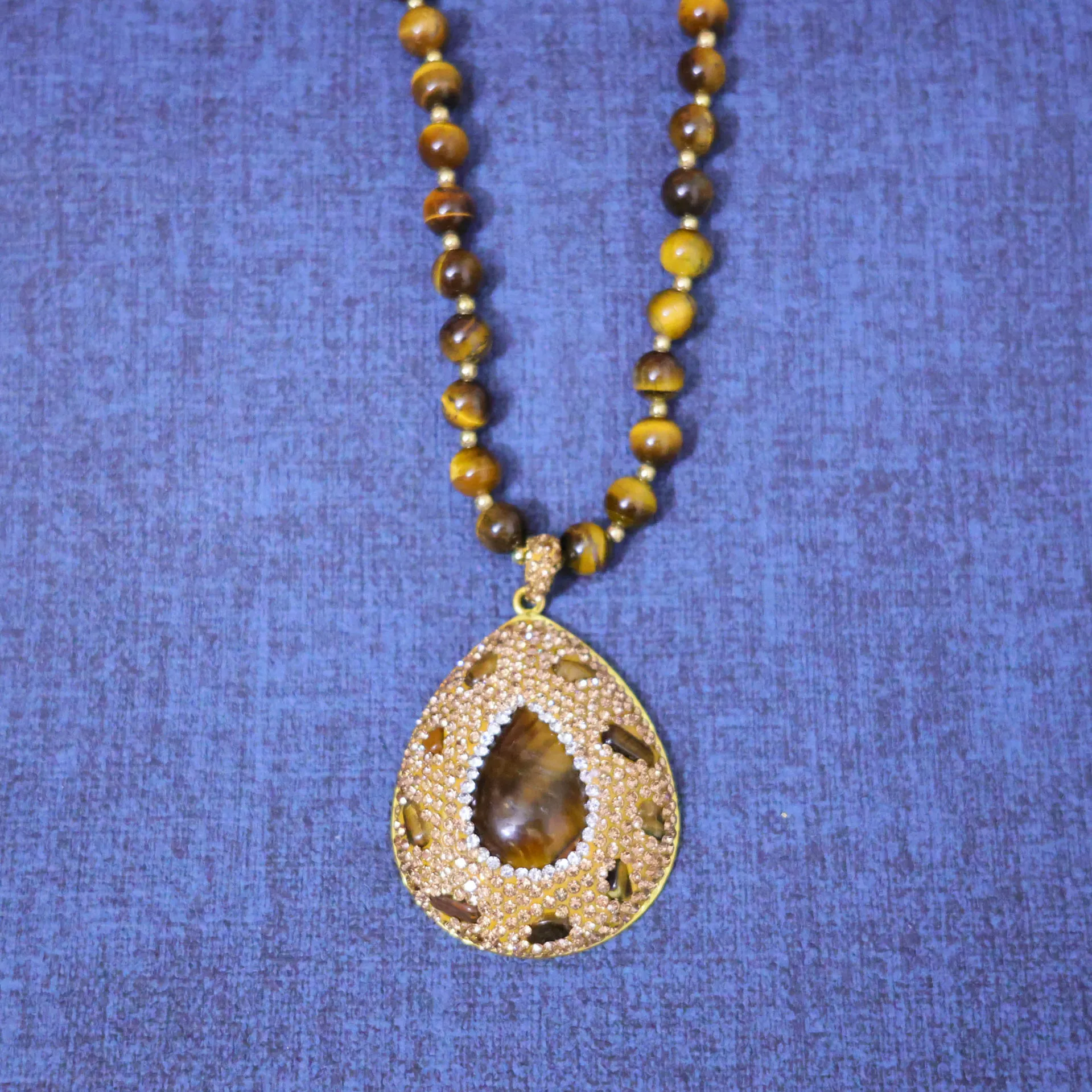 

New natural tiger's eye stone necklace, personalized original design, natural stone sweater chain jewelry, handmade clay inlay