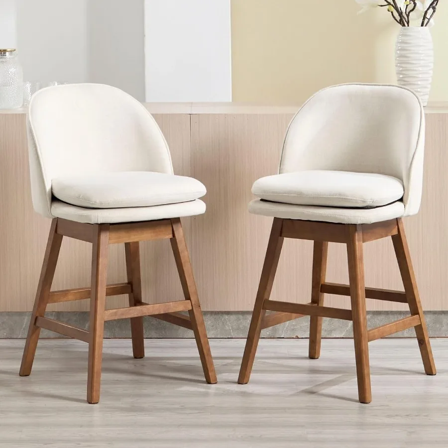 Beige Counter Height Bar Stools Set of 2 Mid Century Modern Swivel Barstools with Backs and Wood Legs Linen Fabric Upholstered