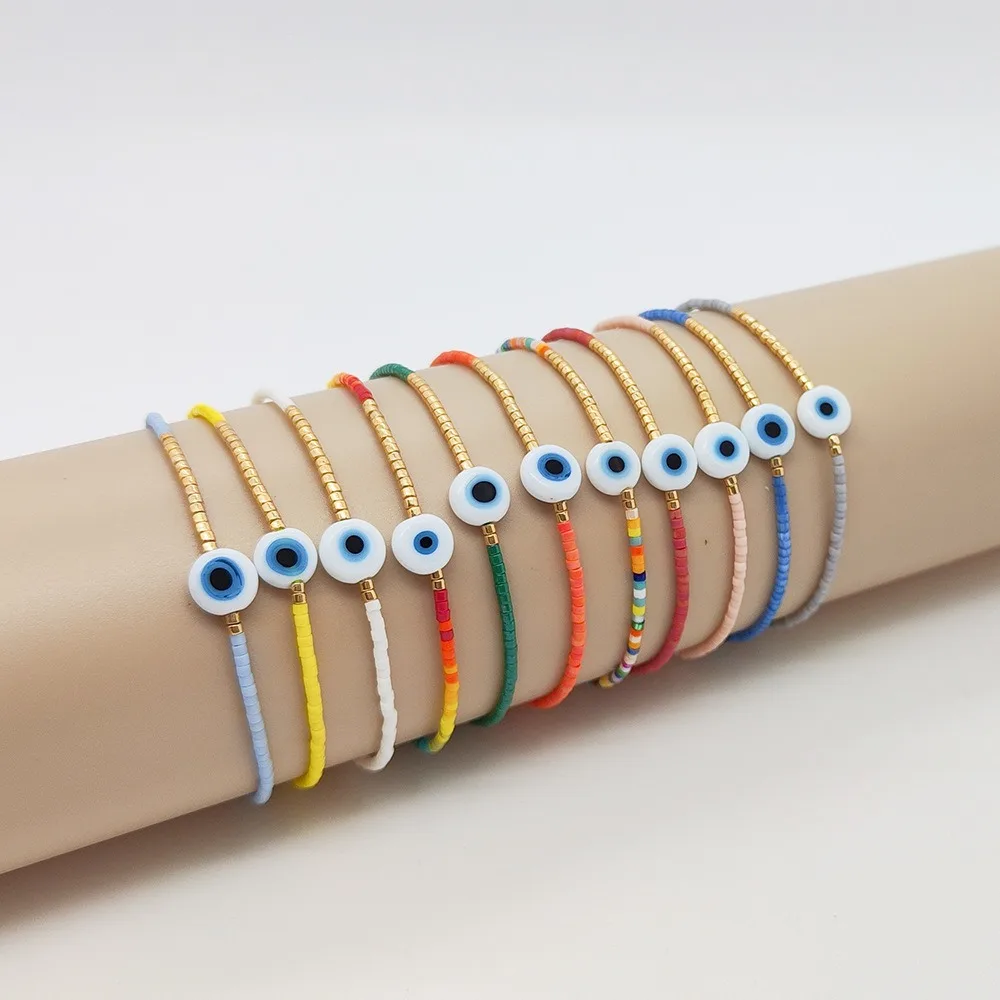 Bohemia Fashion Evil Eye Glassy Blue Eyes Colored Rice Bead Beaded Woven Fine Bracelets for Women Friend Good Luck Jewelry Gift