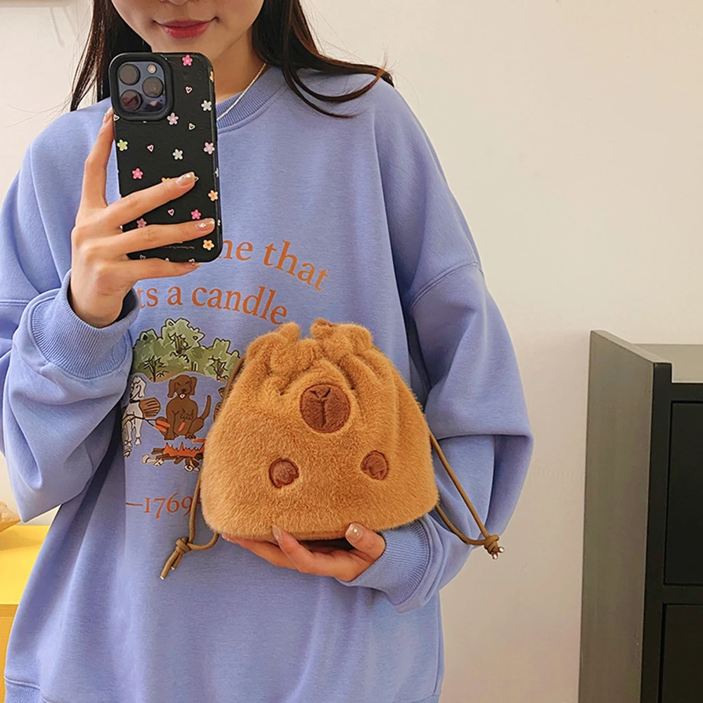 Capybara Plush Drawstring Storage Bag Students Pencil Pouch Stationery Lovely Headphone Cute Capybara Handbag Party Decor Gifts