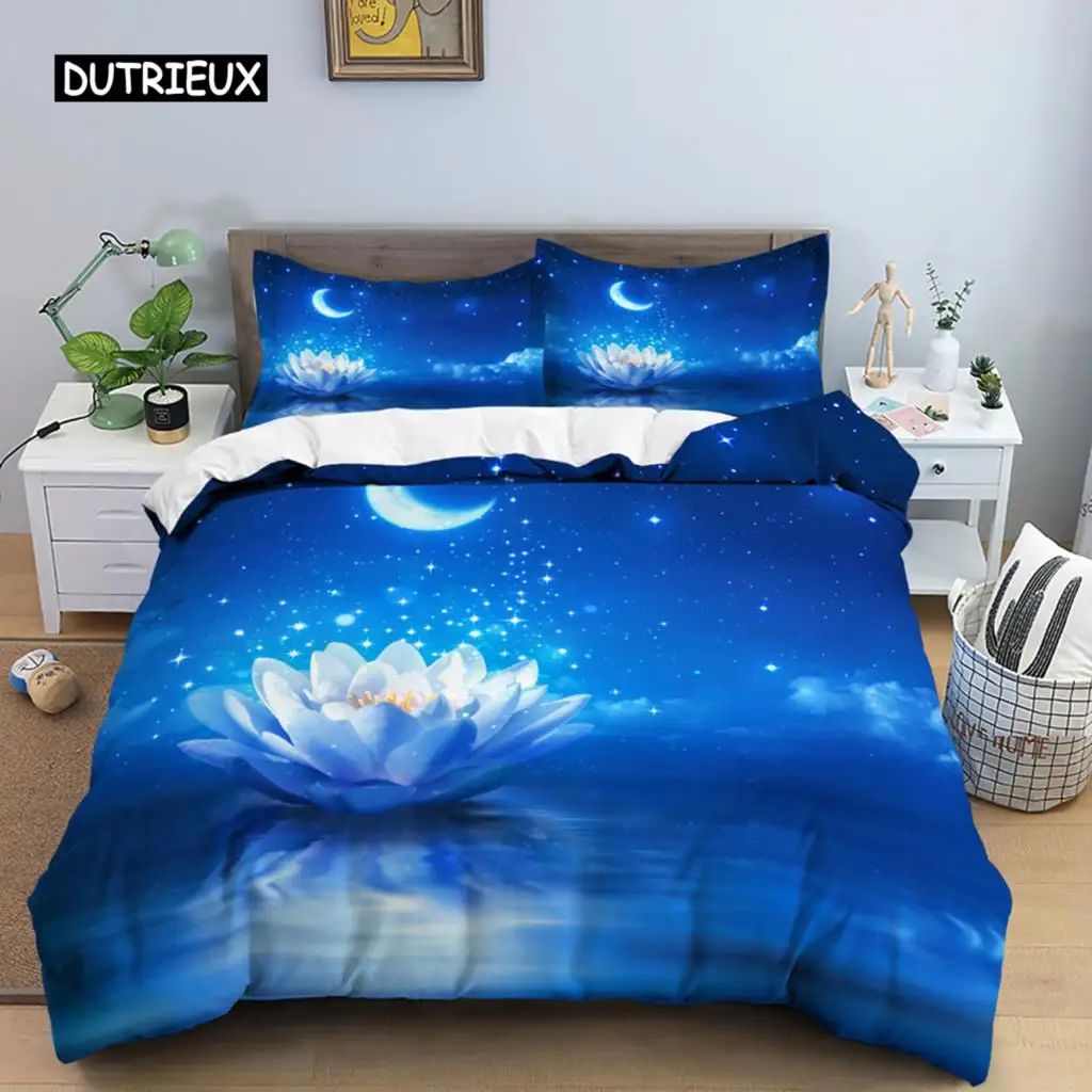 

Galaxy Lotus King Size Full Twin Duvet Cover Blue Flower Moon Bedding Set for Teens Adults Bohemian Floral 2/3pcs Quilt Cover