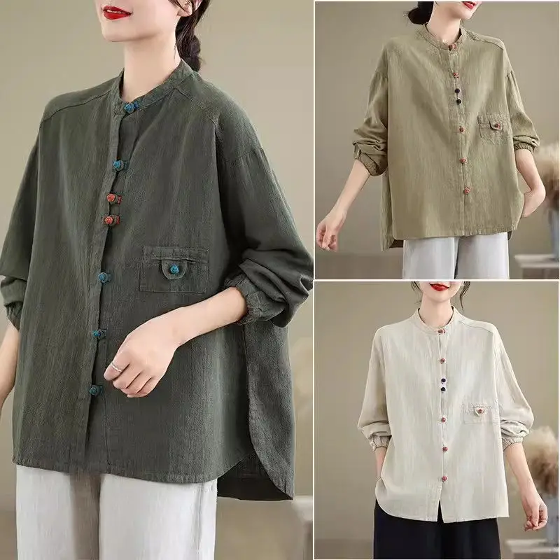 Jaket kemeja katun dan Linen gaya Cina wanita 2024 Retro pakaian musim gugur kasual kancing warna-warni kardigan atas artistik K2376