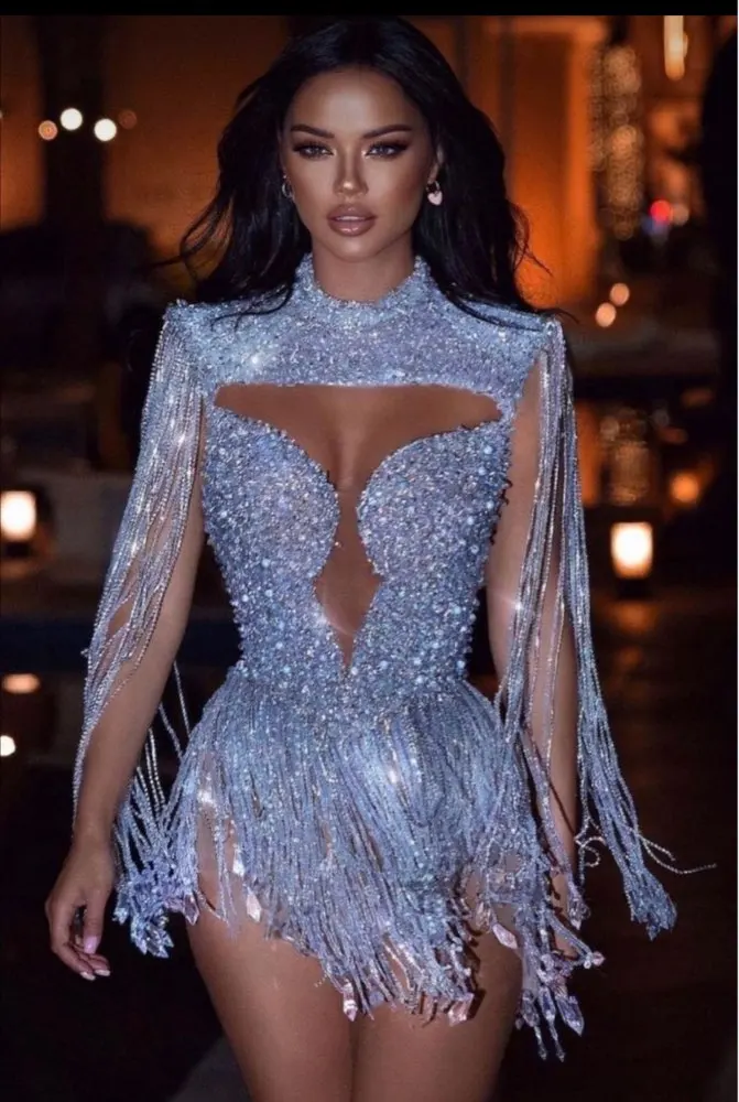 Shiny Cocktail Dresses Sequined Tassels Prom Dress Custom Made Mermaid Plus Size Club Wear