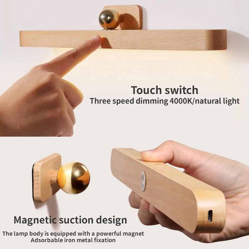 Small Solid Wood Strip Fill Light LED Put on Makeup Magnetic Suction Household Third Gear Dimming Touch Rotating Night Light