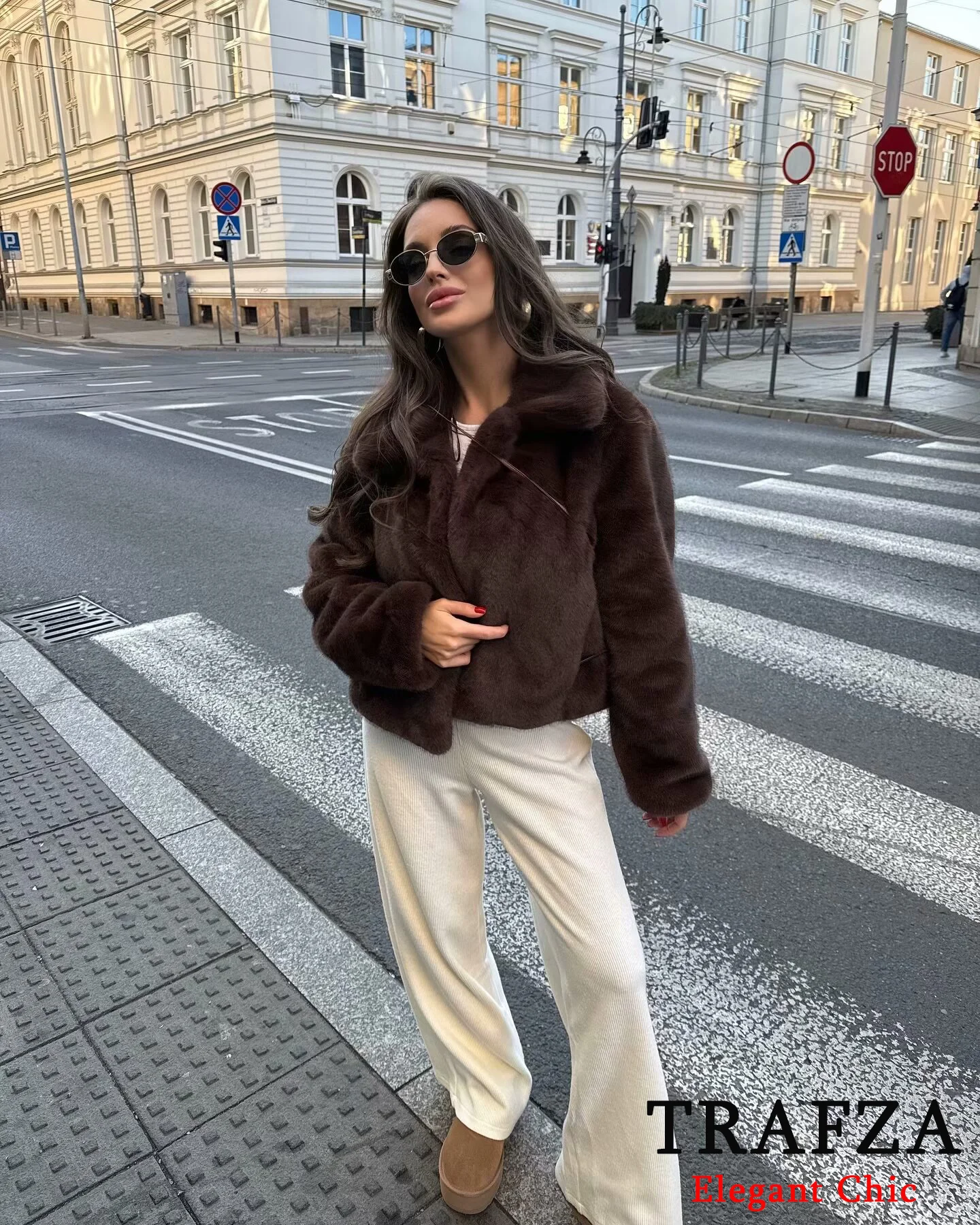 TRAFZA-Women Fashion Versatile Teddy Fleece Coat New 2024 Autumn Winter Simple Casual Loose Coat Buttons Solid Fur Flap Coat