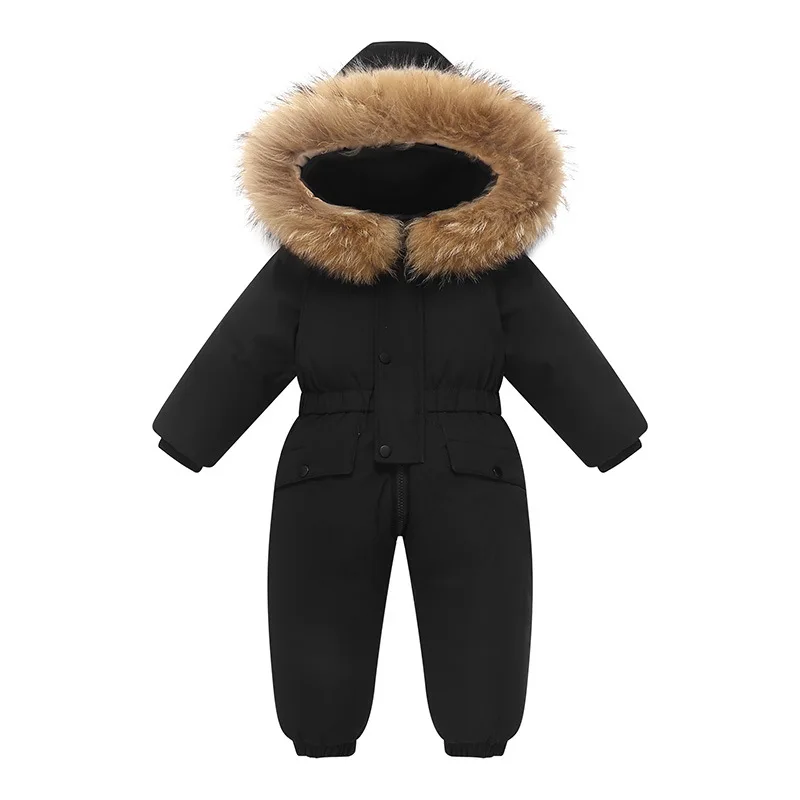 Children's Ski Suits One-Piece Fur Collar Hood Thick Snowsuits Kids Windproof Warm Winter Girls Boys Skiing Clothes -35degree