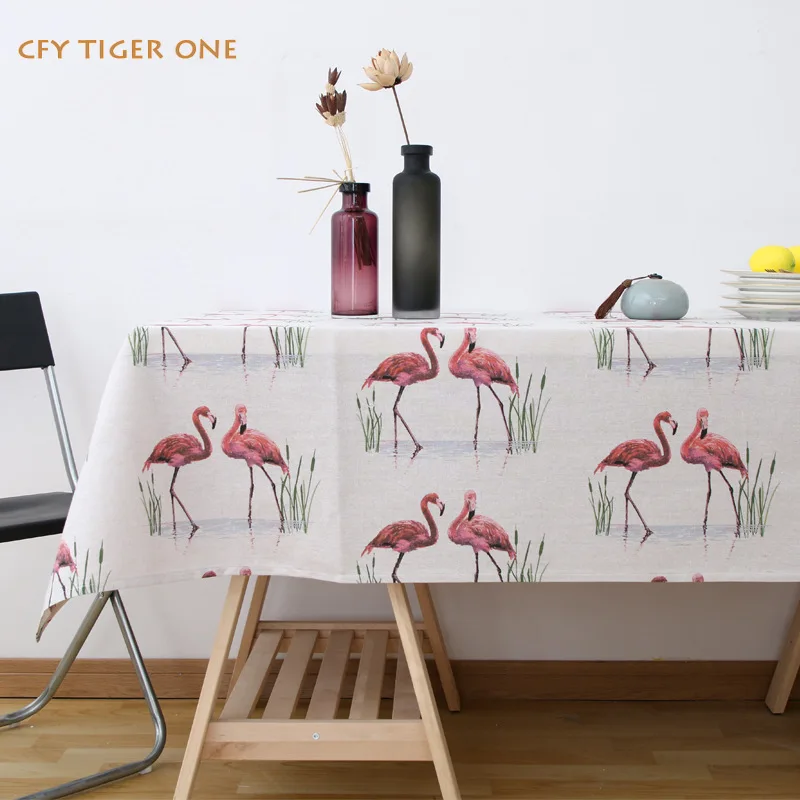 Cotton Linen Cartoon Flamingo Tablecloth Antifouling Rectangular Tablecloth Washable Oil Resistant Coffee Table Mat Table Cover