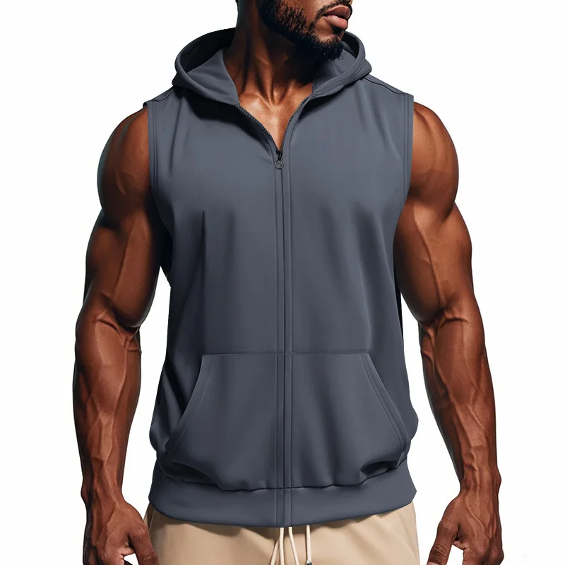 American Summer Neue Kapuzenweste für Herren, Sport, Fitness, Training, Reißverschluss, Strickjacke, ärmellose Weste – Detail 21