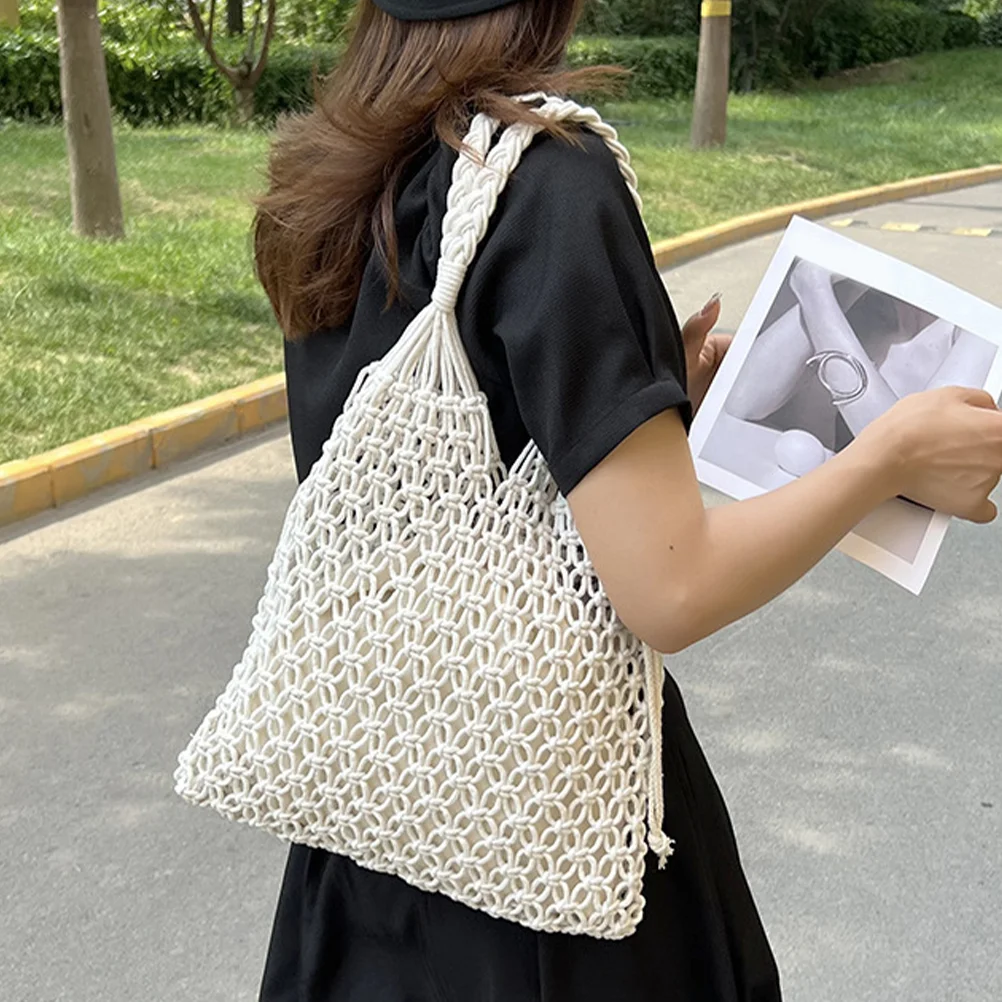 Grid Beach Bag Creative Handbag Summer Woven Aesthetic Straw Eye-catching Unique Cotton Rope Knit Tote