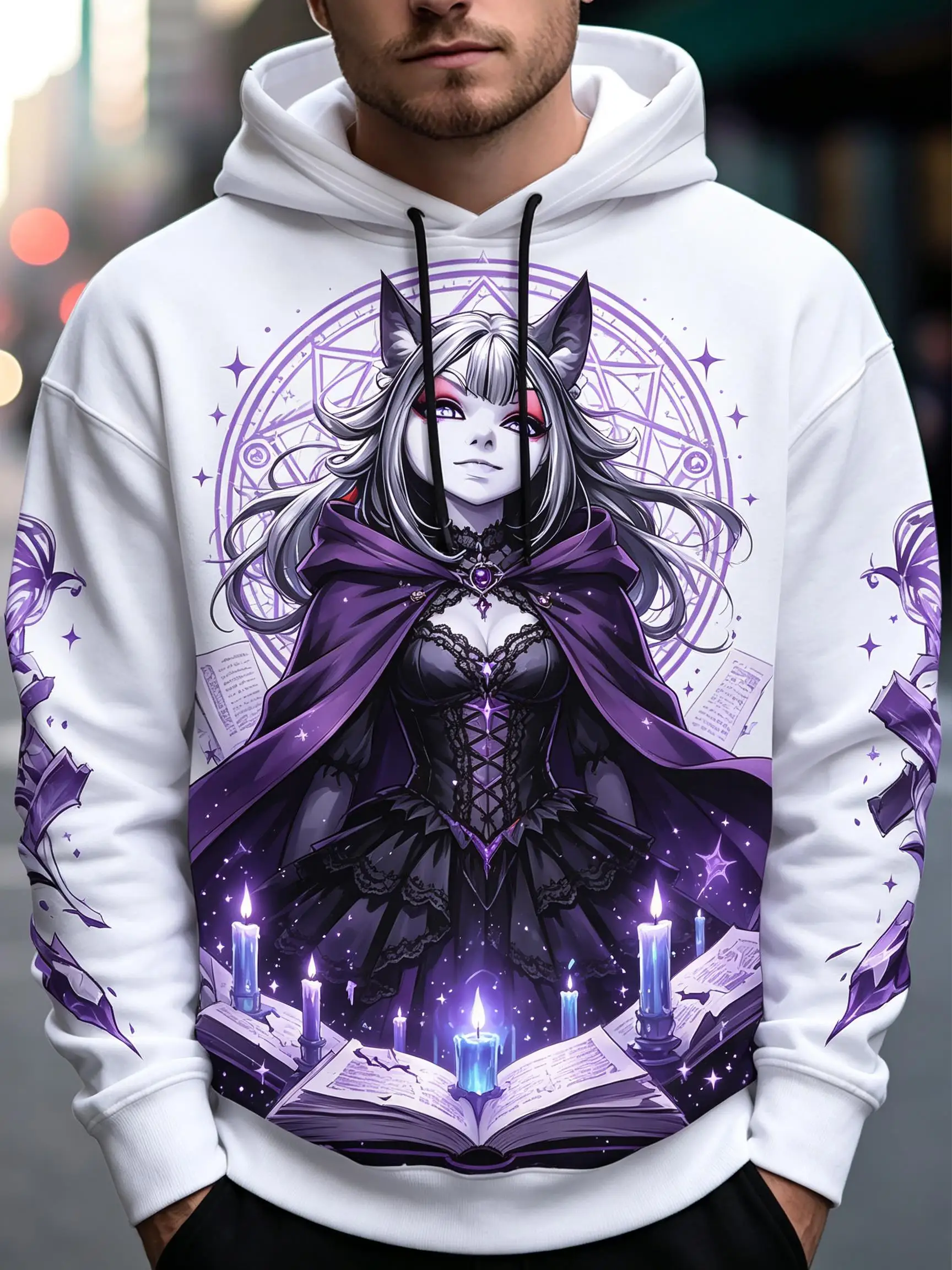 Men's Hoodie Anime Cat Girl Magic Witch Print Long Sleeve Pullover Sweatshirt for Comic Con Cosplay Otaku Daily Wear