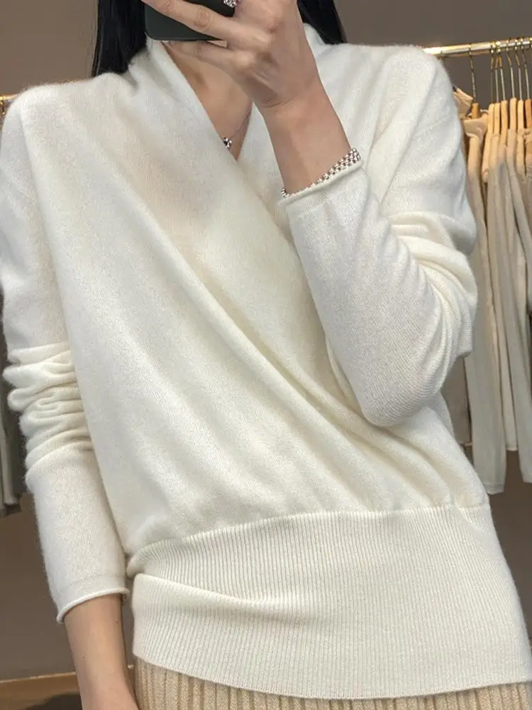 

100% Merino Wool Sweater Women's V-neck Cross Slanted Pullover Office Lady Autumn Winter Cashmere French Style Knitwear Clothing