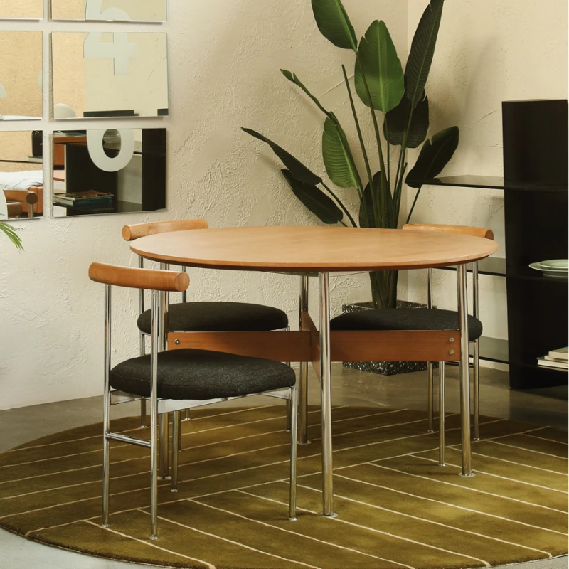 Woodlands solid wood round table/stainless steel Bauhaus retro style