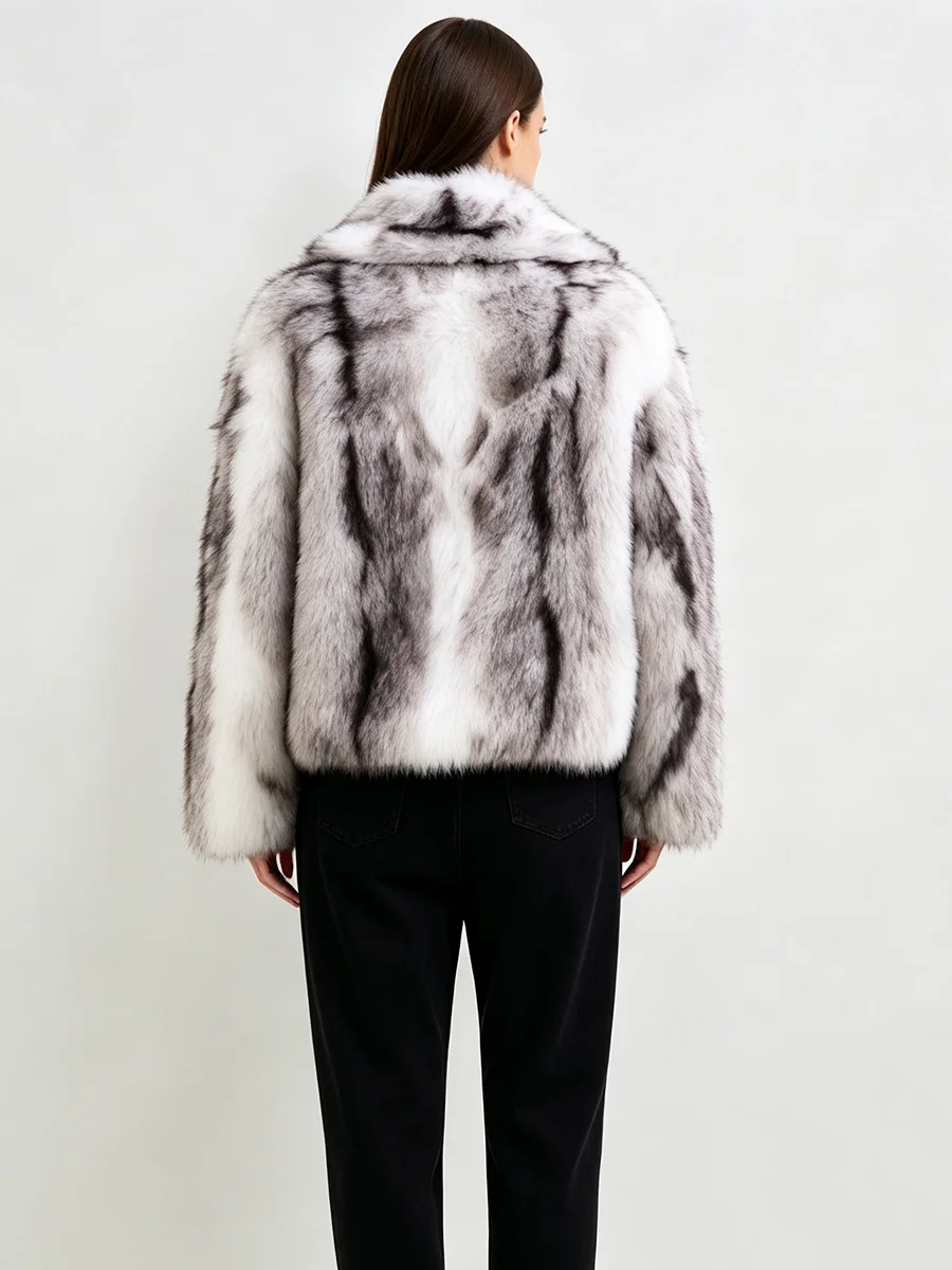 PUAL Women Gradient Faux Fur Cropped Jacket Wide Lapel Collar Fluffy Plush Coat Open Front Warm Winter Ladies Fashion Outerwear