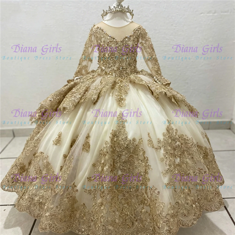 Hochwertiges Neues Luxuriöses Tüll-Blumenmädchenkleid mit Exquisiter Goldapplikation für Kinder-Hochzeiten, Geburtstage und Abendveranstaltungen